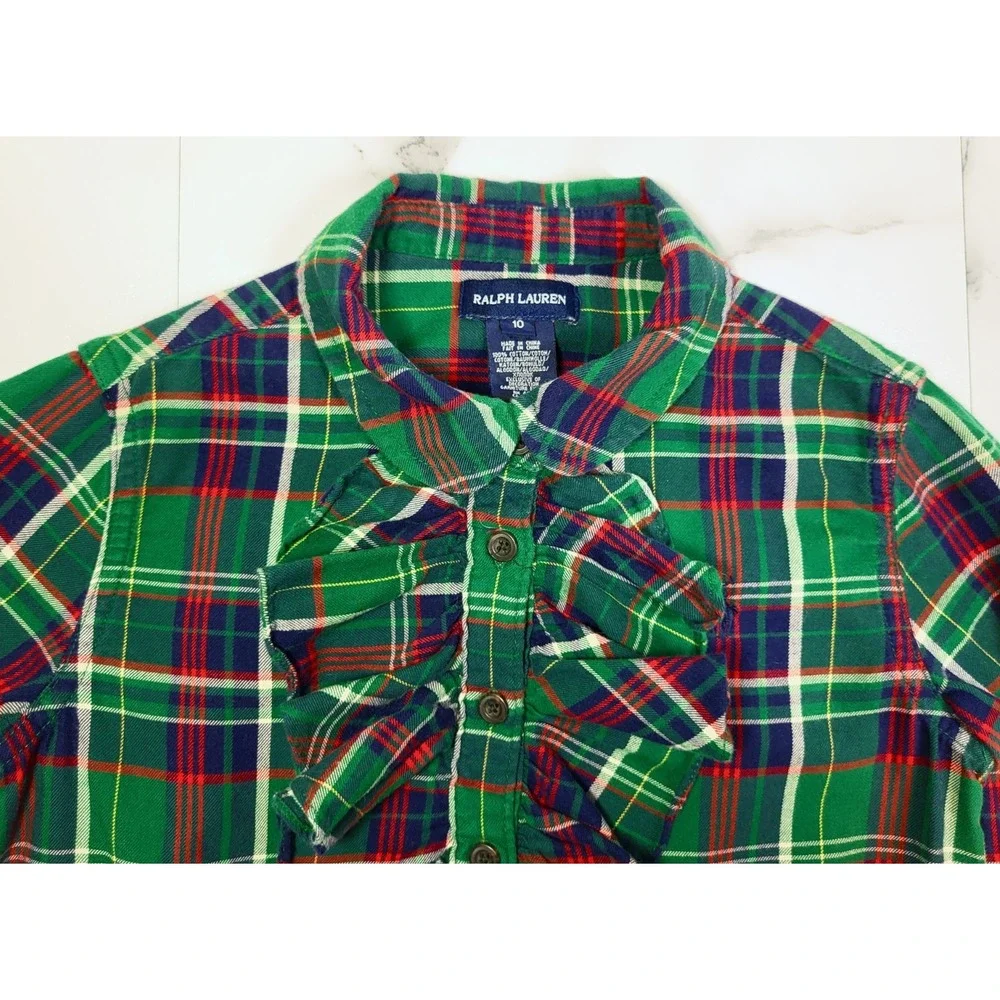 Ralph Lauren Plaid Ruffle Button Front Shirt Dress Long Sleeve Roll Tab Girls 10